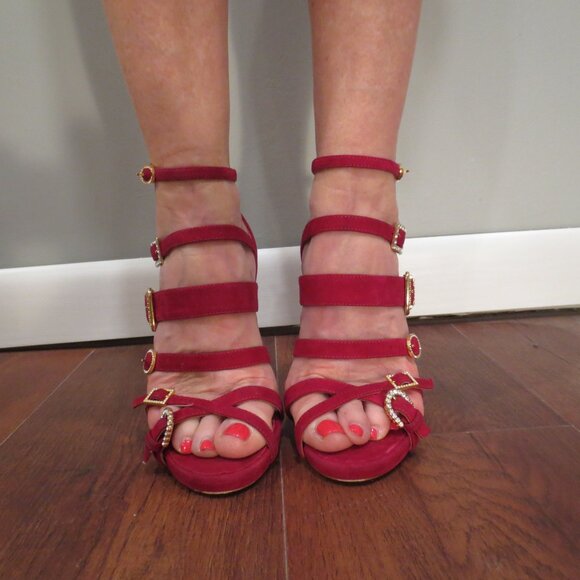 TABITHA SIMMONS Red Suede High Heel Buckle Design Sandals - Picture 4 of 14